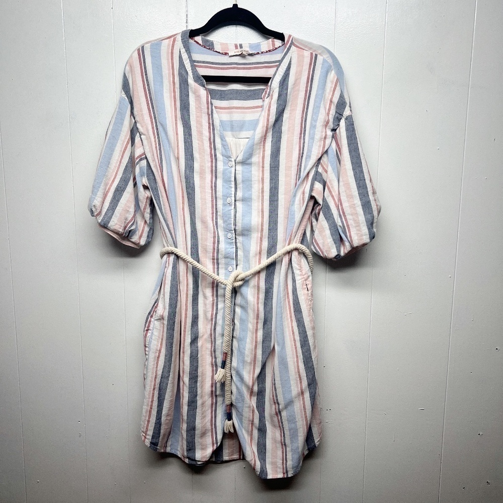 Skies Are Blue Linen Cotton Blend Striped Button Down Boho Women's Dress Medium - Picture 2 of 15